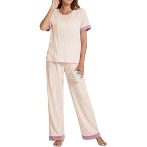 POKWAI Womens Pajama Sets Soft Short Sleeve Tops with Comfy Loose Long Pants 2 Piece Pj Set Ladies Pajamas Sleepwear