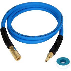 Air Compressor Hose 3/8 Inch x 50 Feet Hybrid Hose with Fittings, Flexible and Kink Resistant, 1/4" Industrial Quick Coupler and Plug Kit - Blue