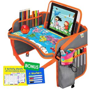 Kids Travel Tray - Waterproof Car Tray for Kids - Car Seat Travel Trays for Toddler - Travel and Road Trip Essentials Kids - Lap Desk with Storage -Baby Airplane Travel Accessories (Pink)