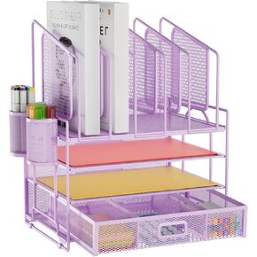Marbrasse Desk Organizers, 4-Tier Mesh Desk File Organizer with 5 Vertical File Holders and 2 Pen Holders, Multifunction Desktop Organizer,Desk Organizers and Accessories for Home Office (Pink)