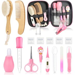 Baby Healthcare and Grooming Kit, Baby Wooden Hair Brush and Comb Set，Health Care Set with Hair Brush Scale Measuring Spoon Nail Clippers (19pcs, Green)