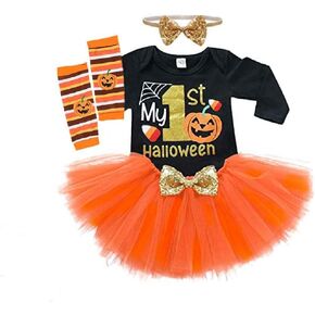 Baby Girls Halloween Outfits My 1st Halloween Romper+ Tutu Skirt+ Striated Leg Warmer+ Bunny Headband Outfit Set