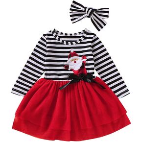 Happy Town Toddler Baby Christmas Outfits Kids Girls Long Sleeve Dress Striped Skirts Christmas Dress