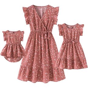 Pink V Neck Ruffle Short-Sleeve Splicing Butterfly and Floral Print Dress for Mommy and Me