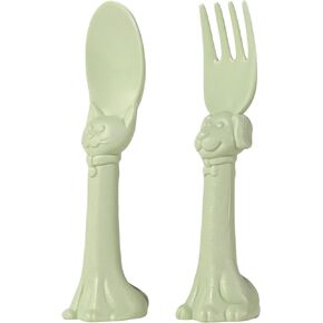 Made in USA Toddler Utensil Set - 2 Pack (1 Spoon & 1 Fork for Kids) - Self-Standing 3D Ergonomic Cat & Dog Handles - BPA-free, Dishwasher Safe, Baby Silverware (Blue)