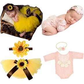 Newborn Photography Prop Infants Baby Sunflower Tutu Skirt and Pink Lace Rompers Flower Headband Sets Shoot Outfits for 0-6 Months Baby Girls