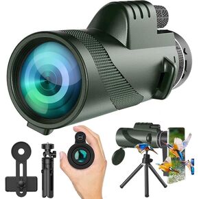 80X100-Monocular-Telescope High Definition with Smartphone Holder & Tripod, High Power Monoculars for Adults with Zoom Focus, Compact Monocular for Wildlife Bird Watching Hunting, Green-e