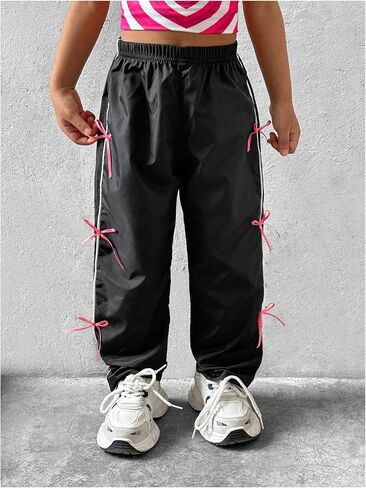 Floerns Toddler Girl's Contrast Binding Elastic Waist Bowknot Straight Leg Active Pants in Saudi Arabia