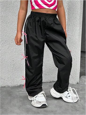 Floerns Toddler Girl's Contrast Binding Elastic Waist Bowknot Straight Leg Active Pants in Saudi Arabia