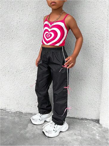 Floerns Toddler Girl's Contrast Binding Elastic Waist Bowknot Straight Leg Active Pants in Saudi Arabia