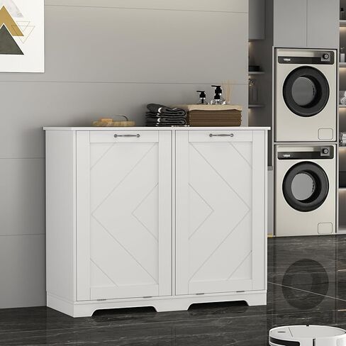 خزانة سلة مهملات المطبخ قابلة للإمالة من VECELO، سلة قمامة مقاومة للكلاب مع حامل خشبي لإعادة التدوير، أبيض in Kuwait