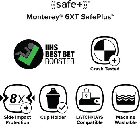 معزز Diono Monterey 6XT SafePlus عالي الظهر، ارتفاع وعرض قابلان للتعديل، مقاس نحيف، سهل التركيب، يناسب الأطفال بوزن 40-120 كجم. (بلاك جيت) in Kuwait