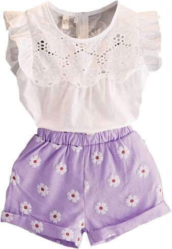 Happy Town Toddler Kids Baby Girls Outfits Clothes T-Shirt Blouse Tops and Floral Shorts Pants Suit 2PCS Set in Kuwait