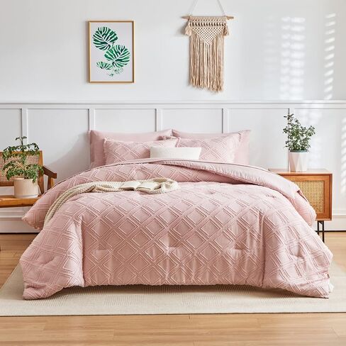 6 Pieces Tufted Bed in a Bag Twin Comforter Set with Sheets Blush Pink, Soft and Embroidery Shabby Chic Boho Bohemian, Luxury Solid with Diamond Pattern, Jacquard Tufts Bedding Set for Kids Girls in Saudi Arabia