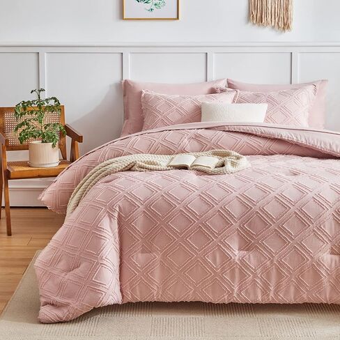 6 Pieces Tufted Bed in a Bag Twin Comforter Set with Sheets Blush Pink, Soft and Embroidery Shabby Chic Boho Bohemian, Luxury Solid with Diamond Pattern, Jacquard Tufts Bedding Set for Kids Girls in Saudi Arabia