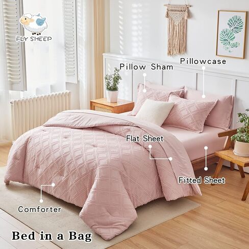 6 Pieces Tufted Bed in a Bag Twin Comforter Set with Sheets Blush Pink, Soft and Embroidery Shabby Chic Boho Bohemian, Luxury Solid with Diamond Pattern, Jacquard Tufts Bedding Set for Kids Girls in Saudi Arabia
