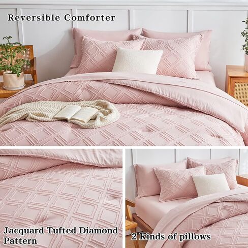 6 Pieces Tufted Bed in a Bag Twin Comforter Set with Sheets Blush Pink, Soft and Embroidery Shabby Chic Boho Bohemian, Luxury Solid with Diamond Pattern, Jacquard Tufts Bedding Set for Kids Girls in Saudi Arabia