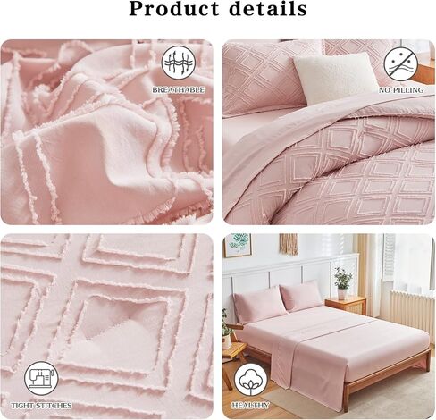 6 Pieces Tufted Bed in a Bag Twin Comforter Set with Sheets Blush Pink, Soft and Embroidery Shabby Chic Boho Bohemian, Luxury Solid with Diamond Pattern, Jacquard Tufts Bedding Set for Kids Girls in Saudi Arabia