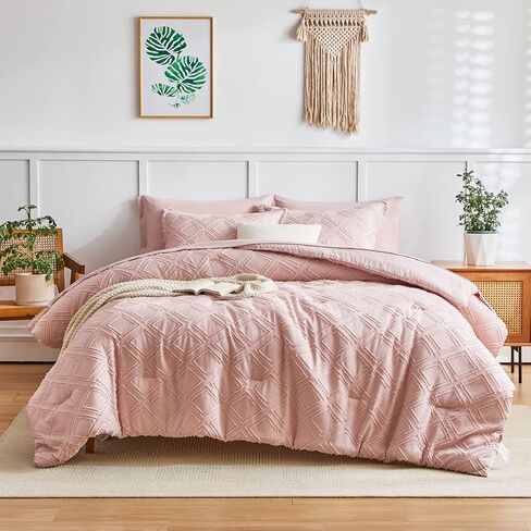 6 Pieces Tufted Bed in a Bag Twin Comforter Set with Sheets Blush Pink, Soft and Embroidery Shabby Chic Boho Bohemian, Luxury Solid with Diamond Pattern, Jacquard Tufts Bedding Set for Kids Girls in Saudi Arabia
