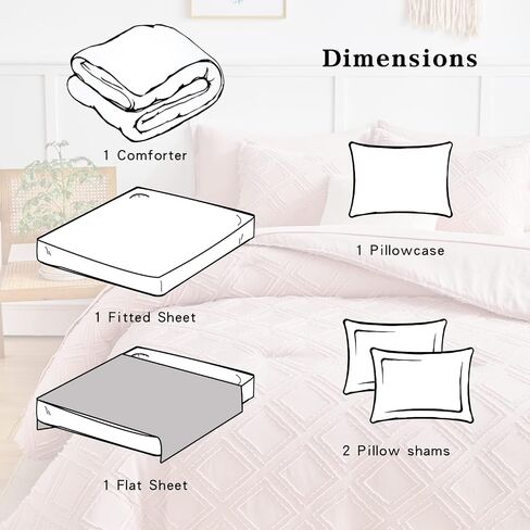 6 Pieces Tufted Bed in a Bag Twin Comforter Set with Sheets Blush Pink, Soft and Embroidery Shabby Chic Boho Bohemian, Luxury Solid with Diamond Pattern, Jacquard Tufts Bedding Set for Kids Girls in Saudi Arabia