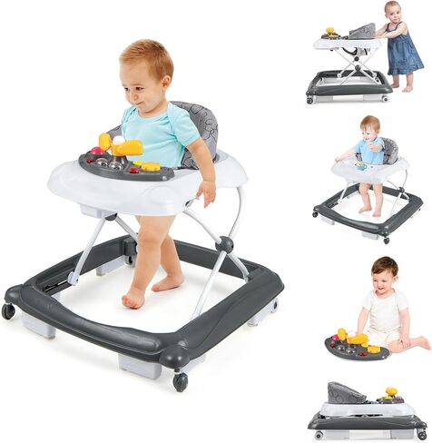 BABY JOY Baby Walker, 4 in 1 Foldable Activity Walker with Adjustable Height, Music, Lights, Anti-Rollover Toddler Push Walker, Baby Walker with Wheels for Boys Girls 7-14 Months (Gray) in Kuwait