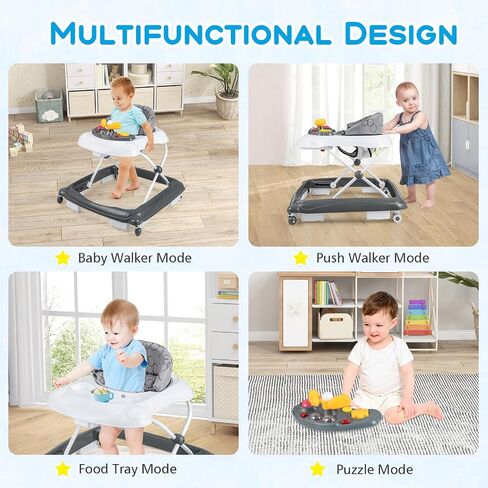 BABY JOY Baby Walker, 4 in 1 Foldable Activity Walker with Adjustable Height, Music, Lights, Anti-Rollover Toddler Push Walker, Baby Walker with Wheels for Boys Girls 7-14 Months (Gray) in Kuwait