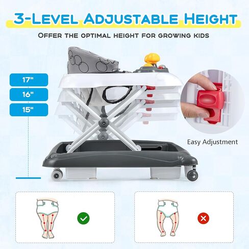 BABY JOY Baby Walker, 4 in 1 Foldable Activity Walker with Adjustable Height, Music, Lights, Anti-Rollover Toddler Push Walker, Baby Walker with Wheels for Boys Girls 7-14 Months (Gray) in Kuwait