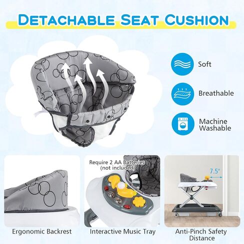 BABY JOY Baby Walker, 4 in 1 Foldable Activity Walker with Adjustable Height, Music, Lights, Anti-Rollover Toddler Push Walker, Baby Walker with Wheels for Boys Girls 7-14 Months (Gray) in Kuwait