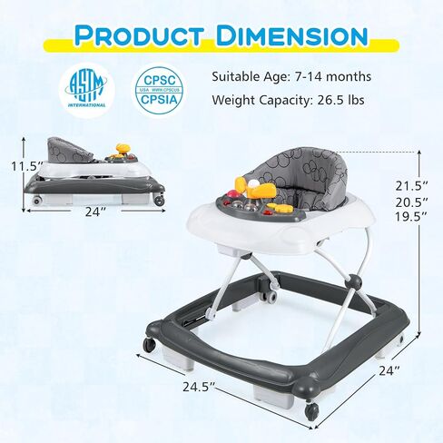 BABY JOY Baby Walker, 4 in 1 Foldable Activity Walker with Adjustable Height, Music, Lights, Anti-Rollover Toddler Push Walker, Baby Walker with Wheels for Boys Girls 7-14 Months (Gray) in Kuwait