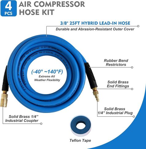 Air Compressor Hose 3/8 Inch x 50 Feet Hybrid Hose with Fittings, Flexible and Kink Resistant, 1/4" Industrial Quick Coupler and Plug Kit - Blue in Saudi Arabia