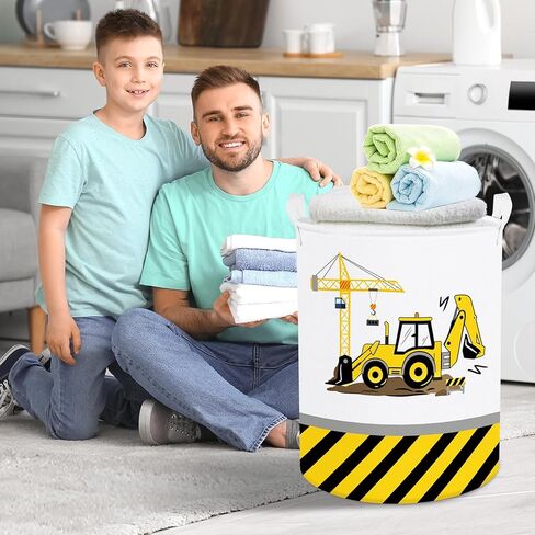 Clastyle 45L كارتون أصفر حفار الأولاد سلة الغسيل جرافة رافعة المركبات الهندسية طفل يعوق اللعب المستديرة سلال تخزين الملابس مع الرباط in Kuwait