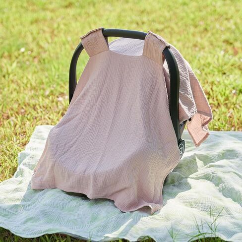 Meracorallo Muslin Baby Car Seat Cover, 100% Organic Cotton Infant Carrier Cover, Lightweight Breathable Soft Carseat Canopy for Baby Boys and Girls (Pink) in Saudi Arabia