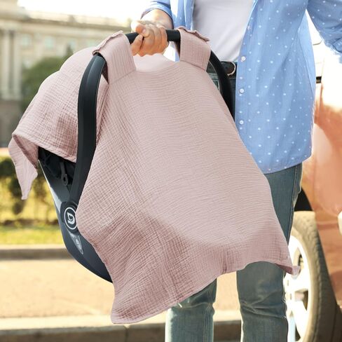 Meracorallo Muslin Baby Car Seat Cover, 100% Organic Cotton Infant Carrier Cover, Lightweight Breathable Soft Carseat Canopy for Baby Boys and Girls (Pink) in Saudi Arabia