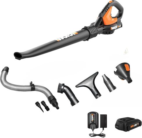 Worx 20V Cordless Leaf Blower WG545.1, Up to 120 MPH Air Speed, Long Nozzle Design for Narrow Spaces, Ideal for Indoor and Outdoor Cleaning, 9X Cleaning Attachments, Battery and Charger Included in Saudi Arabia