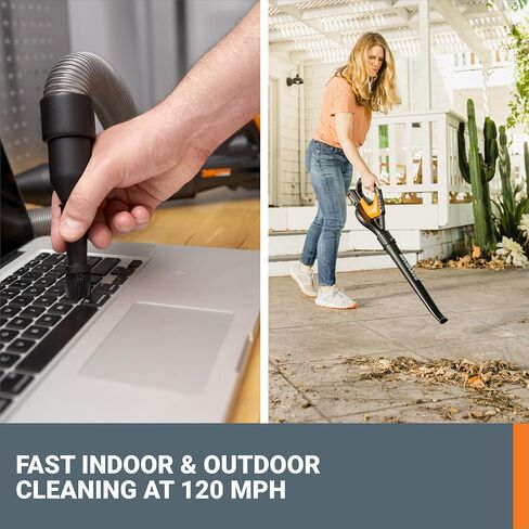 Worx 20V Cordless Leaf Blower WG545.1, Up to 120 MPH Air Speed, Long Nozzle Design for Narrow Spaces, Ideal for Indoor and Outdoor Cleaning, 9X Cleaning Attachments, Battery and Charger Included in Saudi Arabia