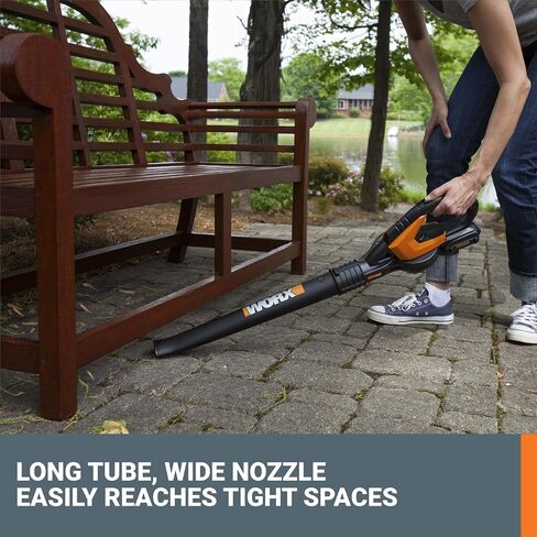Worx 20V Cordless Leaf Blower WG545.1, Up to 120 MPH Air Speed, Long Nozzle Design for Narrow Spaces, Ideal for Indoor and Outdoor Cleaning, 9X Cleaning Attachments, Battery and Charger Included in Saudi Arabia