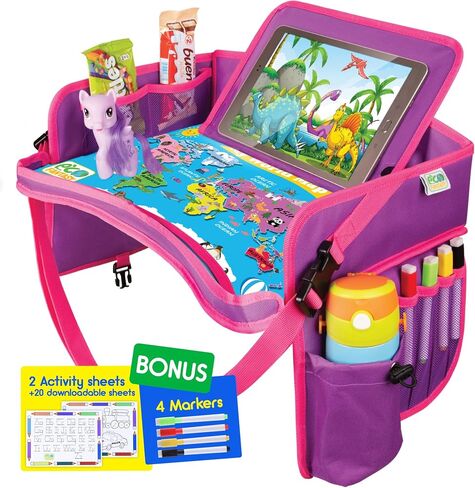Kids Travel Tray - Waterproof Car Tray for Kids - Car Seat Travel Trays for Toddler - Travel and Road Trip Essentials Kids - Lap Desk with Storage -Baby Airplane Travel Accessories (Pink) in Kuwait