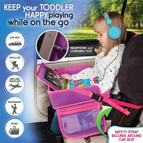 Kids Travel Tray - Waterproof Car Tray for Kids - Car Seat Travel Trays for Toddler - Travel and Road Trip Essentials Kids - Lap Desk with Storage -Baby Airplane Travel Accessories (Pink) in Kuwait