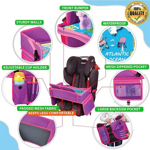 Kids Travel Tray - Waterproof Car Tray for Kids - Car Seat Travel Trays for Toddler - Travel and Road Trip Essentials Kids - Lap Desk with Storage -Baby Airplane Travel Accessories (Pink) in Kuwait