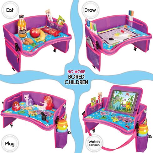 Kids Travel Tray - Waterproof Car Tray for Kids - Car Seat Travel Trays for Toddler - Travel and Road Trip Essentials Kids - Lap Desk with Storage -Baby Airplane Travel Accessories (Pink) in Kuwait
