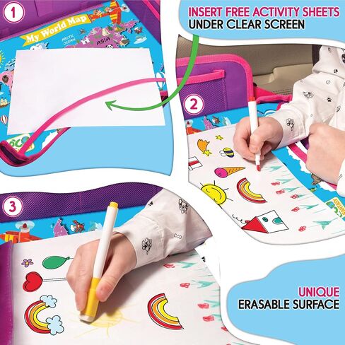 Kids Travel Tray - Waterproof Car Tray for Kids - Car Seat Travel Trays for Toddler - Travel and Road Trip Essentials Kids - Lap Desk with Storage -Baby Airplane Travel Accessories (Pink) in Kuwait