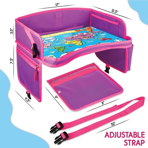 Kids Travel Tray - Waterproof Car Tray for Kids - Car Seat Travel Trays for Toddler - Travel and Road Trip Essentials Kids - Lap Desk with Storage -Baby Airplane Travel Accessories (Pink) in Kuwait