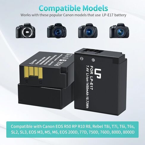 شاحن بطارية LP LP-E17، شاشة LCD وشاحن USB-C مزدوج الفتحة متوافق مع كاميرات Canon EOS Rebel T7i، T6i، T6s، SL3، SL2، 77D، 9000D، 8000D، 800D، 760D، 750D، 200D، M6، M5، M3، Kiss X8i DSLR in Saudi Arabia