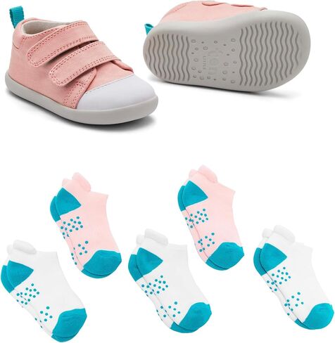 Ten Little First Walker Kids’ Shoes & Ankle Socks Bundle for Baby & Toddler Boys & Girls, Rose Pink Shoe Size 3.5, Ankle Socks with Non-Skid Grips 5 Pk in Kuwait
