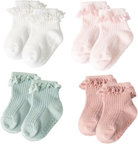 4 Pairs Toddlers Socks with Non-slip Grip Newborn Baby Socks Cute Frilly Ruffle Ankle Baby Girl Socks in Kuwait