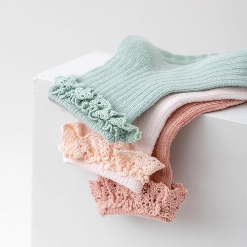 4 Pairs Toddlers Socks with Non-slip Grip Newborn Baby Socks Cute Frilly Ruffle Ankle Baby Girl Socks in Kuwait