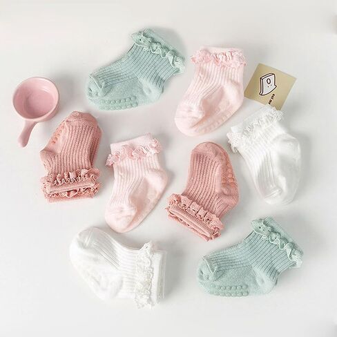 4 Pairs Toddlers Socks with Non-slip Grip Newborn Baby Socks Cute Frilly Ruffle Ankle Baby Girl Socks in Kuwait