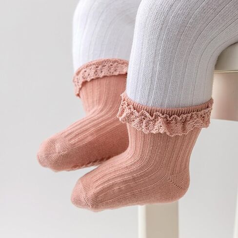 4 Pairs Toddlers Socks with Non-slip Grip Newborn Baby Socks Cute Frilly Ruffle Ankle Baby Girl Socks in Kuwait