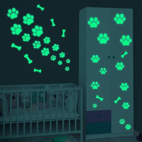 Dog Paw Print Stickers Glow in The Dark Wall Decals Pup Dog Room Decor Stickers Vinyl Dog Paw Bone Wall Decals Removable Animal Footprint Decal for Kids Boys Girls Bedroom Nursery Floor Ceiling Decor in Saudi Arabia