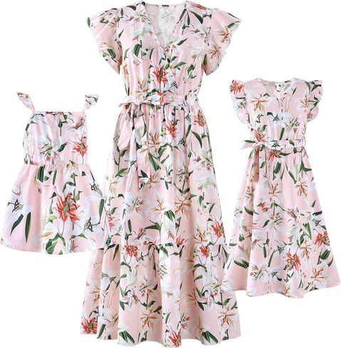 Pink V Neck Ruffle Short-Sleeve Splicing Butterfly and Floral Print Dress for Mommy and Me in Saudi Arabia
